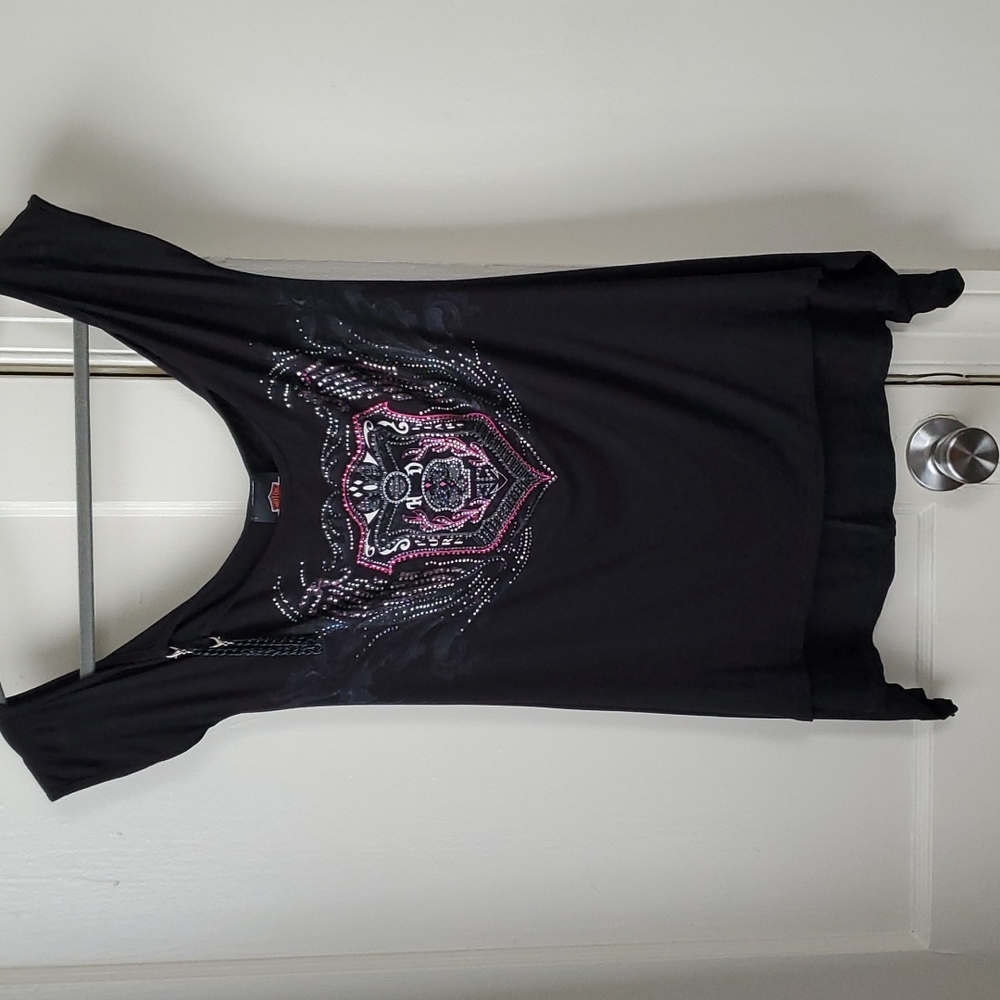 || Harley Davidson || Cold / Open Shoulder Chain Strap Rhinestone T-shirt